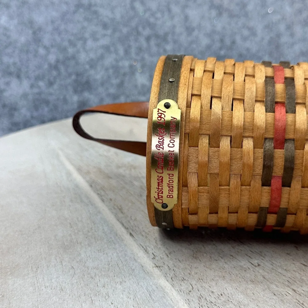 Bradford Basket Company 1997 Christmas Candle Basket Woven Wood Leather Handle